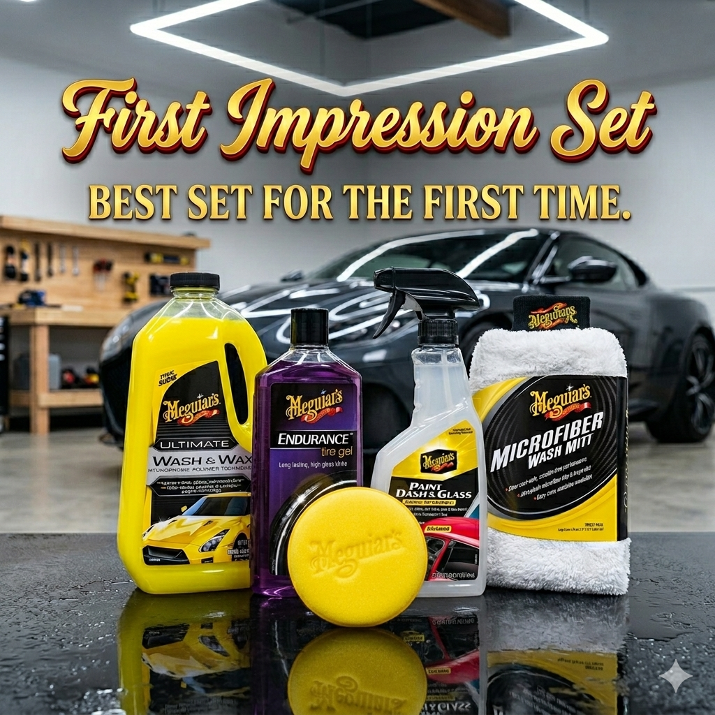 First Impression Set: Ultimate Wash & Wax, Endurance Tire Gel, Paint Dash & Glass detailer, microfibre wash mitt and foam applicator pad